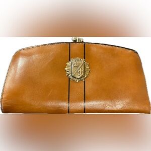 Vintage Baronet Tan Leather Clutch with Gold Emblem